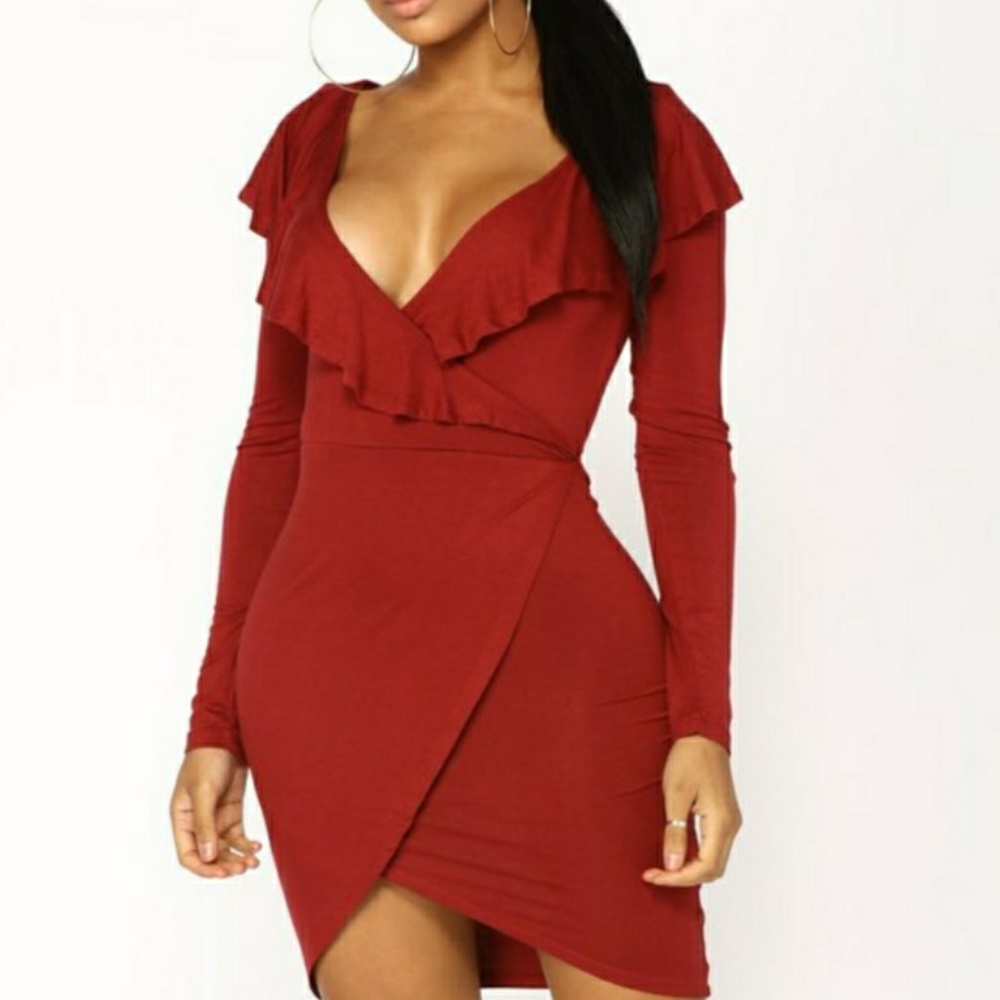 Fashion Nova burgundy ruffle dress